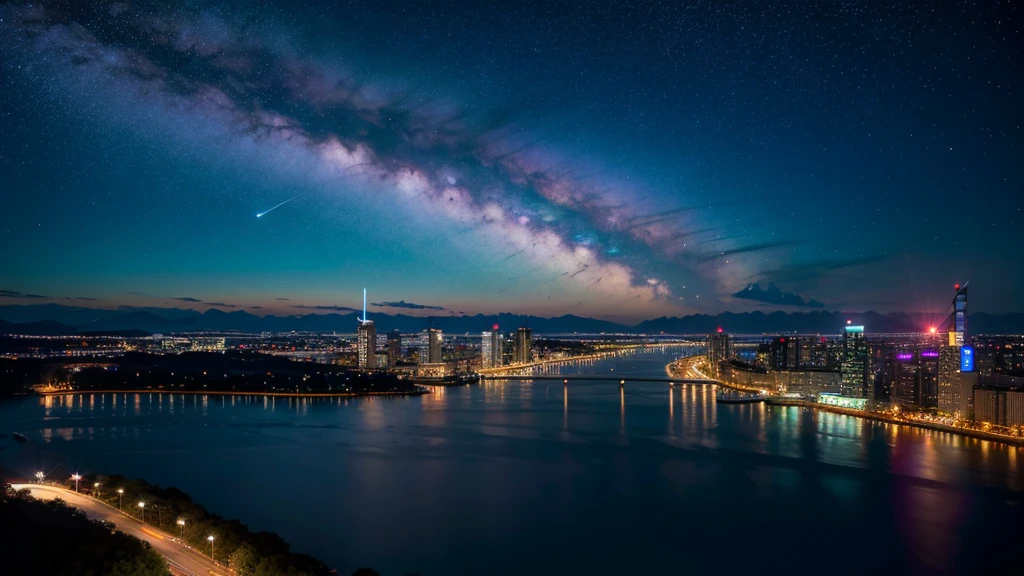 Wonderful landscape、Highest quality、Cityscape、Including sky、Starry Sky、night、Big Moon、Moonlit cityscape、building、There are no people, Makoto Shinkai's art style, 8