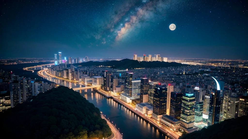Wonderful landscape、Highest quality、Cityscape、Including sky、Starry Sky、night、Big Moon、Moonlit cityscape、building、There are no people, Makoto Shinkai's art style, 8