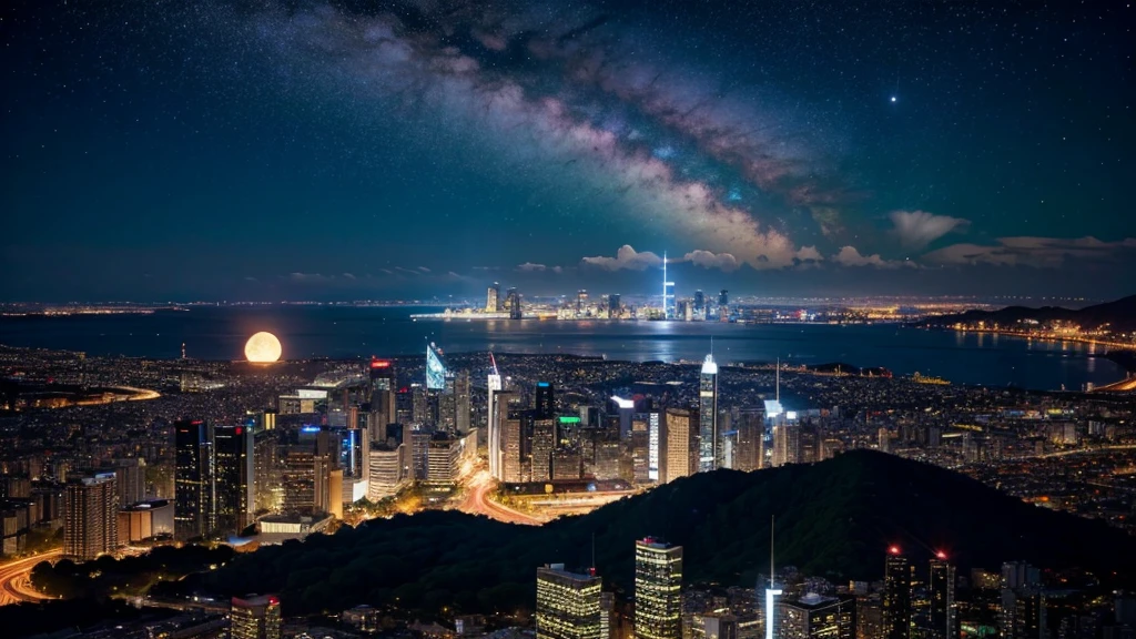 Wonderful landscape、Highest quality、Cityscape、Including sky、Starry Sky、night、Big Moon、Moonlit cityscape、building、There are no people,　Makoto Shinkai&#39;s art style, 8