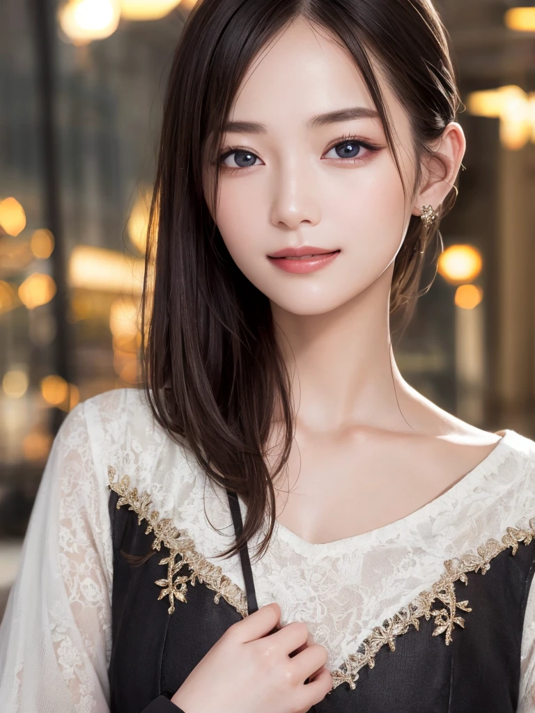 masterpiece, 1 beautiful girl, Detailed eyes, Swollen eyes, Highest quality, 超High resolution, (reality: 1.4), Light, Japanese, Fashion Korean cosmetics、Asian Beauties, really beautiful, Beautiful skins, Thinness, Forward-facing body, (Ultra-realistic), (High resolution), (8k), (Very detailed), ( Best illustrations), (Beautiful and detailed eyes), (Super detailed), (wallpaper), Detailed face, Bright lighting, Professional Lighting, View your viewers, Staring straight ahead、short hair、Neat and clean clothes、The background is a bit blurred、Hair color is black、Great smile、Eye color is brown、