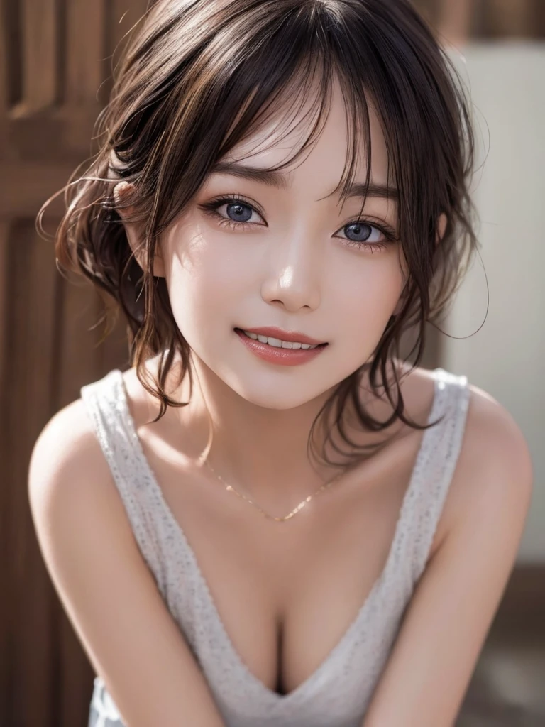 masterpiece, 1 beautiful girl, Detailed eyes, Swollen eyes, Highest quality, 超High resolution, (reality: 1.4), Light, Japanese, Fashion Korean cosmetics、Asian Beauties, really beautiful, Beautiful skins, Thinness, Forward-facing body, (Ultra-realistic), (High resolution), (8k), (Very detailed), ( Best illustrations), (Beautiful and detailed eyes), (Super detailed), (wallpaper), Detailed face, Bright lighting, Professional Lighting, View your viewers, Staring straight ahead、short hair、Neat and clean clothes、The background is a bit blurred、Hair color is black、Great smile、Eye color is brown、