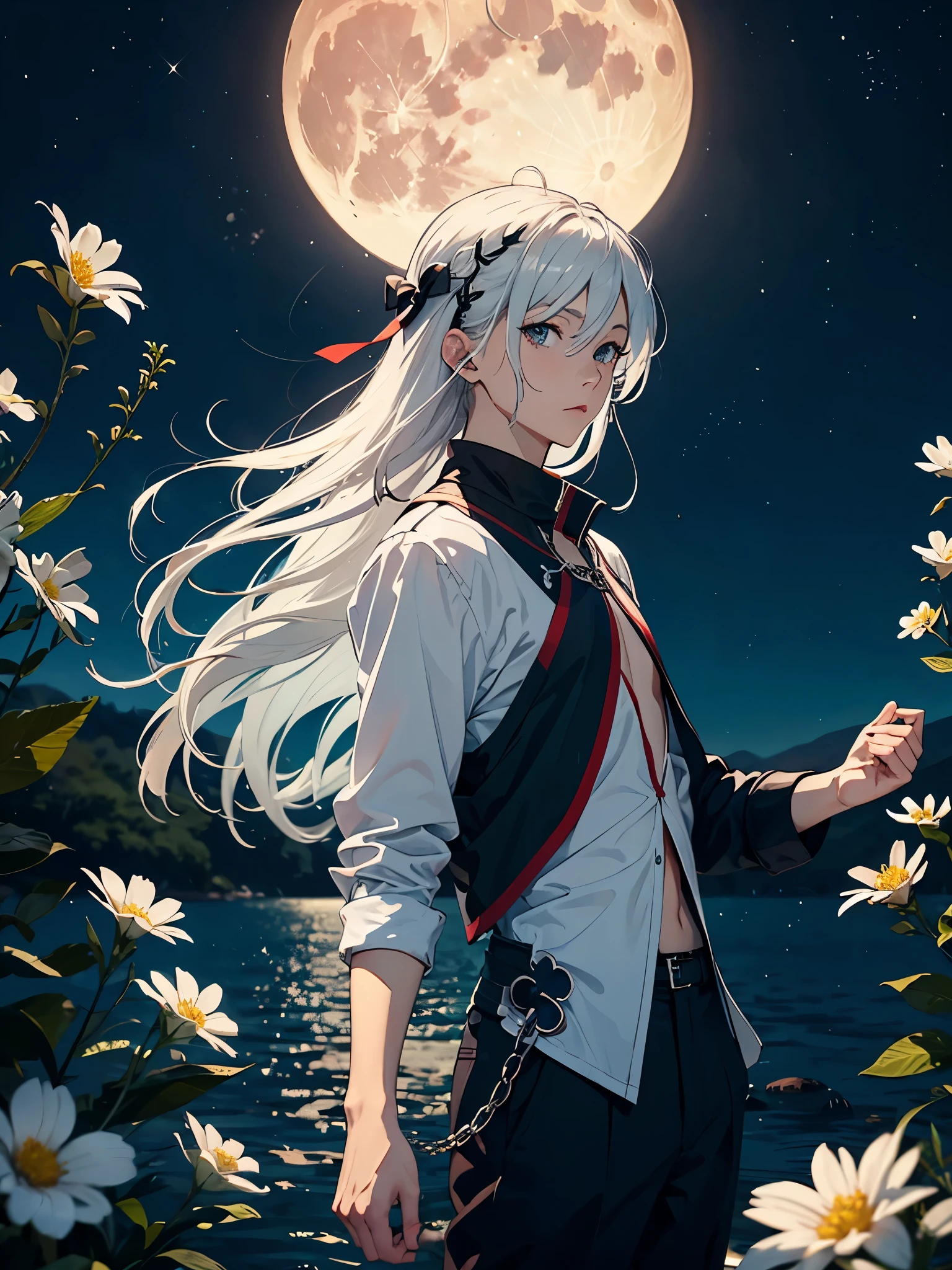 Red eyeliner. Mit Rock. Im Kleid. Blut.  Engel. Viele weoße vögel. More anime. light blue light. Bright bright light. magical. Moon. White flowers. male. Long hair. long white hair. aquatic, boy, God of the Moon, silver hair accessories, White hair. 