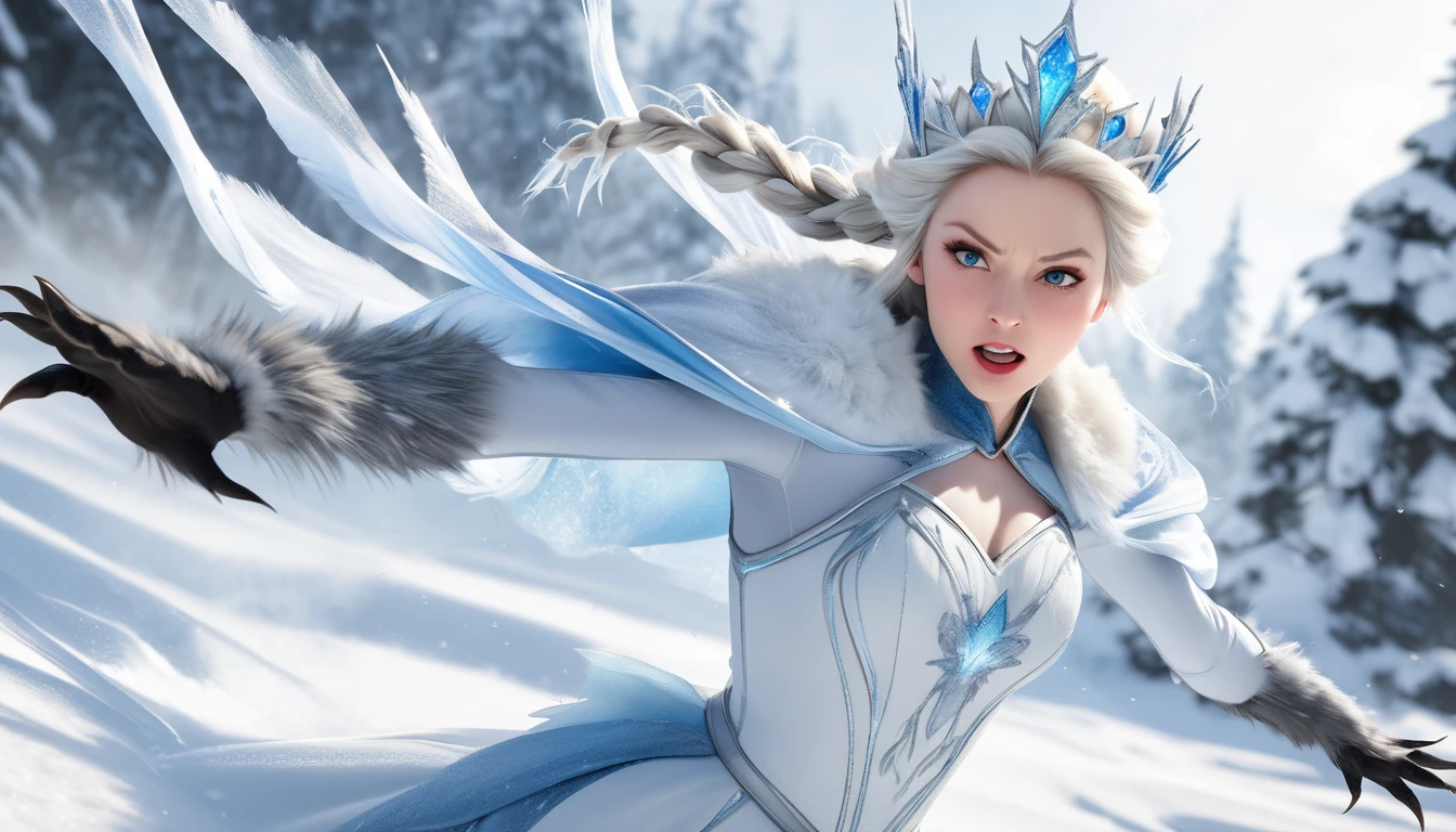 Realistic photos, RAW Photos, The snow queen, attacks viewer, Powerful movements, jump on prey, ((Dynamic jump)), Sharp Claws, The snow queen approaching from above, sudden approach, Bad-tempered, dynamic Shot from grand