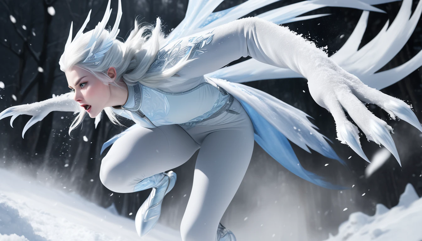 Realistic photos, RAW Photos, The snow queen, attacks viewer, Powerful movements, jump on prey, ((Dynamic jump)), Sharp Claws, The snow queen approaching from above, sudden approach, Bad-tempered, dynamic Shot from grand