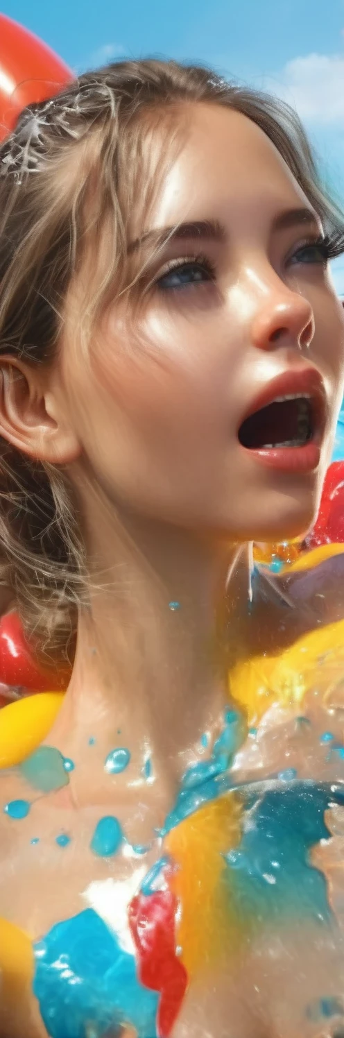 a girl in a lively pool party, wearing a colorful bikini, playfully splashing water, surrounded by friends and vibrant decorations, (best quality,4k,8k,highres,masterpiece:1.2),ultra-detailed,(realistic,photorealistic,photo-realistic:1.37),beautiful detailed eyes,beautiful detailed lips,extremely detailed eyes and face,longeyelashes,dynamic composition,summer vibes,warm lighting,vibrant colors,party atmosphere.STOP:Safe_for_Work:2