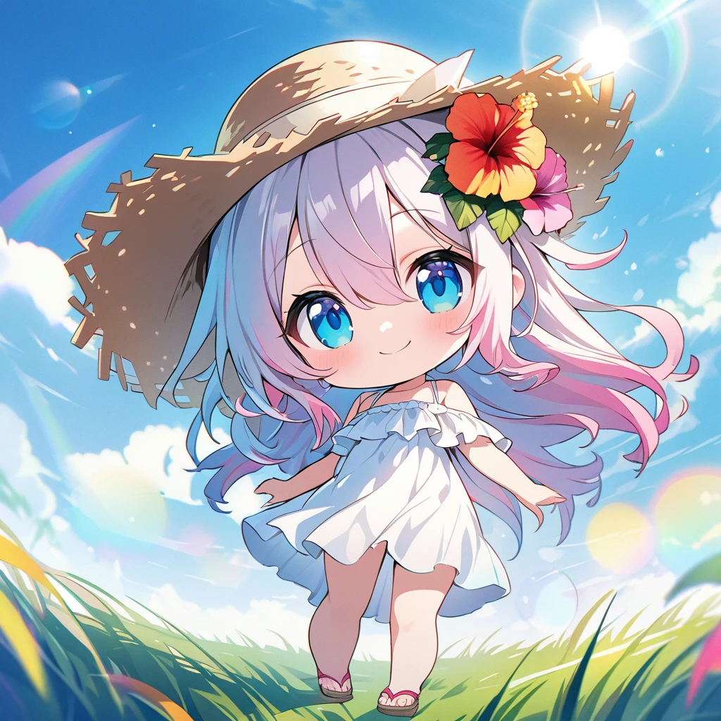 masterpiece, best quality, 4k、2D illustration, one beautiful girl, solo、(((chibi style)))、((vivid colors))、cute chibi, lovely chibi、((colorful))、((long beautiful hair)), glossy light pink hair, hair between eyes, cute, beautifully detailed eyes、((white summer dress))、((straw hat))、hibiscus hair ornament, flip-flops, ((happy smile))、((full body shot))、((summer grasslands))、((gentle breeze))、((blue sky))、sunbeam, white light, ((lens flare)), ((high color saturation)), 