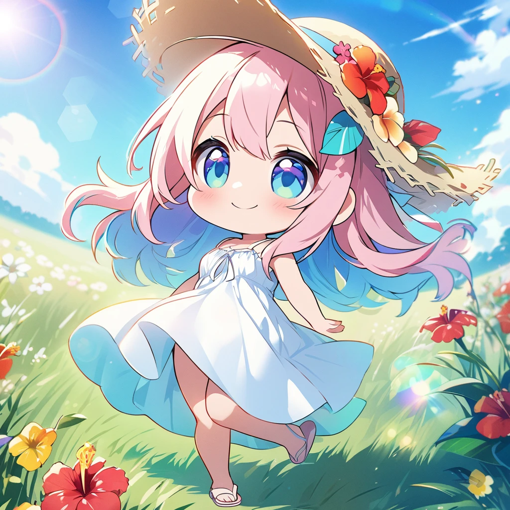 masterpiece, best quality, 4k、2D illustration, one beautiful girl, solo、(((chibi style)))、((vivid colors))、cute chibi, lovely chibi、((colorful))、((long beautiful hair)), glossy light pink hair, hair between eyes, cute, beautifully detailed eyes、((white summer dress))、((straw hat))、hibiscus hair ornament, flip-flops, ((happy smile))、((full body shot))、((summer grasslands))、((gentle breeze))、((blue sky))、sunbeam, white light, ((lens flare)), ((high color saturation)), 