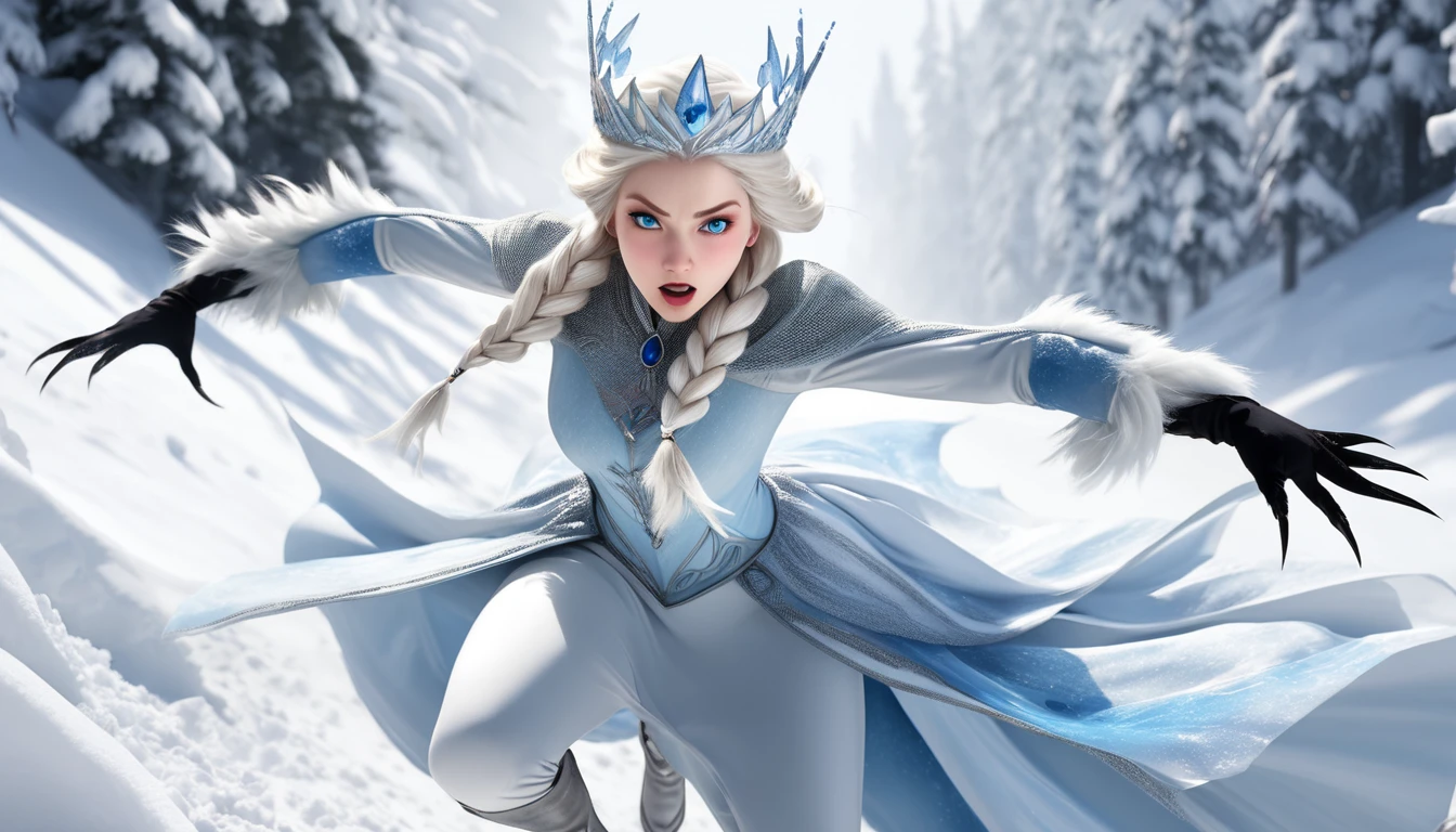 Realistic photos, RAW Photos, The snow queen, attacks viewer, Powerful movements, jump on prey, ((Dynamic jump)), Sharp Claws, The snow queen approaching from above, sudden approach, Bad-tempered, dynamic Shot from grand