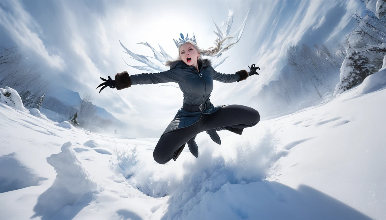 Realistic photos, RAW Photos, The snow queen, attacks viewer, Powerful movements, jump on prey, ((Dynamic jump)), Sharp Claws, The snow queen approaching from above, sudden approach, Bad-tempered, dynamic Shot from grand