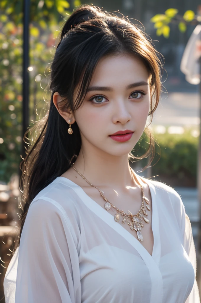 1 beautiful girl in Hanfu costume, ((black thin purple silk shirt with a lot of texture)), white lace top, long purple platinum ponytail Hair, Jewelry, ear jewelry, necklaces and necklaces, carefully drawn big purple eyes, makeup careful, thin eyebrows, high nose, beautiful red lips, no smile, pursed lips, rosy cheeks, wide breasts, big breasts, proportional breasts, slim waist, purple fishnet socks, chinese hanfu style, fictional art texture, colorful bright and realistic, RAW Photo, Realistic Photo, ultra high quality 8k surreal photo, (effective fantasy light effect: 1.8), 10x pixels, magical effect (Background): 1.8), ultradetailed eyes, full body portrait of girl , Chinese royal garden background, dynamic pose