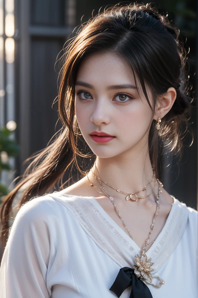 1 beautiful girl in Hanfu costume, ((black thin purple silk shirt with a lot of texture)), white lace top, long purple platinum ponytail Hair, Jewelry, ear jewelry, necklaces and necklaces, carefully drawn big purple eyes, makeup careful, thin eyebrows, high nose, beautiful red lips, no smile, pursed lips, rosy cheeks, wide breasts, big breasts, proportional breasts, slim waist, purple fishnet socks, chinese hanfu style, fictional art texture, colorful bright and realistic, RAW Photo, Realistic Photo, ultra high quality 8k surreal photo, (effective fantasy light effect: 1.8), 10x pixels, magical effect (Background): 1.8), ultradetailed eyes, full body portrait of girl , Chinese royal garden background, dynamic pose