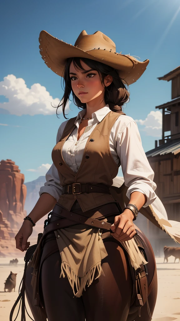 Get ready to be transported to the Wild West with this visually descriptive and detailed image of a cowgirl on horseback. The stylistic rendering captures the essence of the character, from her rugged attire to her fierce determination.