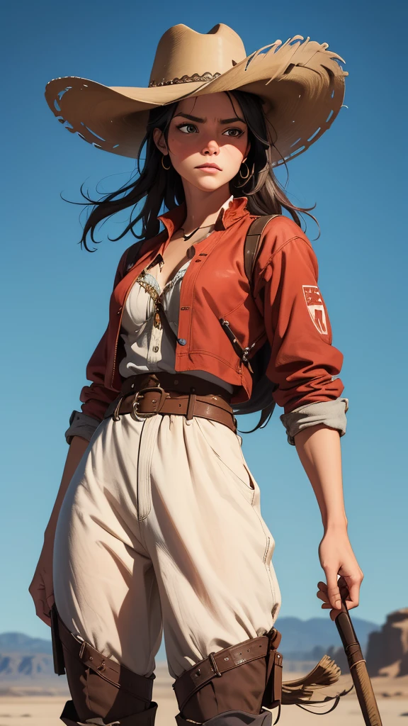 Get ready to be transported to the Wild West with this visually descriptive and detailed image of a cowgirl on horseback. The stylistic rendering captures the essence of the character, from her rugged attire to her fierce determination.