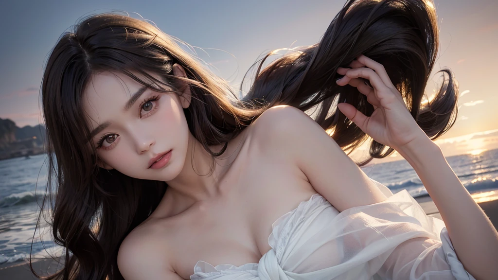 ((Masterpieces with up to 16K resolution:1.6)),Highest quality,it is really amazing,Very detailed,Ultra-high resolution,(Real:1.5),(Realistic:1.5),Increased depth of field,Cinematic Light,
Elegant mature woman,
Long black hair,(Exquisitely detailed face:1.5),Face with a gentle expression,Translucent white skin,Very sensitive skin,Great proportions,Anatomically correct body,
Elegant bikini swimwear,Artistic design,Beautiful and detailed pattern,Detailed fabric texture,Gorgeous necklace,
Coastal landscape at dusk,Dark clouds and dark sky,delay々Continuing sandy beach, Deserted Beach,Dark sea surface,
(Dramatic Angle:1.6),