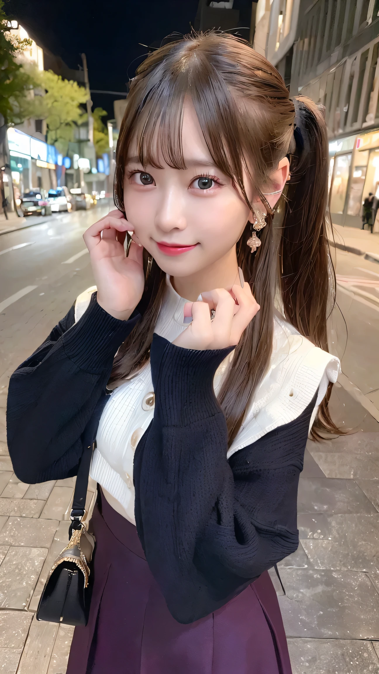 (8K、Raw photography、top-quality、masterpiece:1.2)、(realisitic、Photorealsitic:1.37)、ultra-detailliert、超A high resolution、1 fair-skinned girl、beautifull detailed face、In the street、full body Esbian、poneyTail、hand bag、Cardigan、flered skirt、(glowing earrings)、a smile