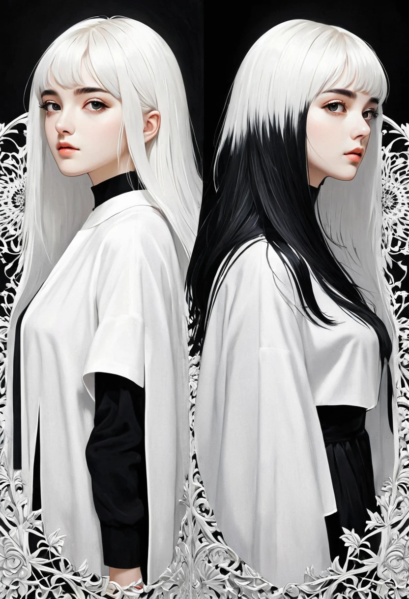 (masterpiece, best quality, Extremely detailed), Exquisite pattern, Detailed background,
(1 girl), solitary, Bankruptcy, 
Light cream, black and white, (Split screen) Long black hair，Wearing black clothes，Short white hair in white clothes, Flip horizontally, symmetry, Clear the edges, High contrast,