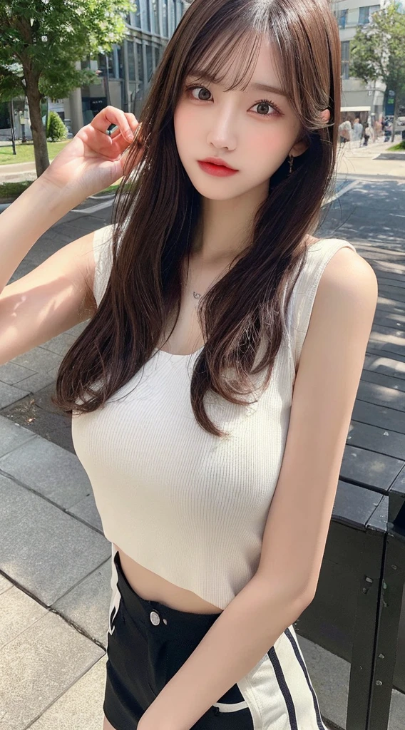 ((top quality, 8k, masterpiece: 1.3)), sensual woman, 1 girl, (slender figure: 1.2), dark brown hair, (outdoor, shirt, shorts: 1.1), ultra detailed face, detailed lips, detailed eyes, double eyelids, (huge breasts: 1.2)
