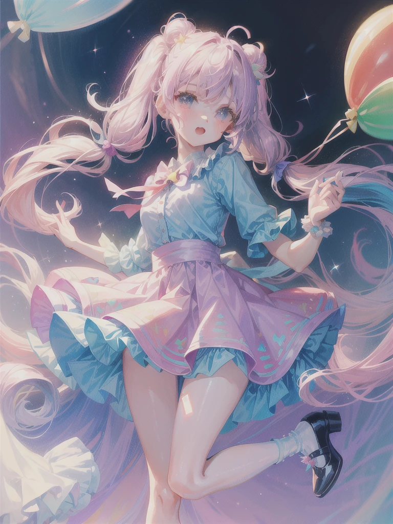 (whole body, legs and shoes visible: 1.2)) Expressive eyes, One girl, Pale skin, Long Hair, Windblown Hair, ((absurdly Long Hair)), Long Side Lock, Princess bangs, Hair bangs, Hair Bun, ((Very long twin tails)), Rainbow Hair, Light pink hair, blush, full face blush, big sparkling Pastel Purple eyes, (Gradient Eye), Laughing with your mouth open, cute pose, ((Holding a balloon : 1.3)) ((cute and pastel fashion)) ((🦄🎠🎈🎉 theme : 1.4)) A loose pastel dress, ((Dreamy multi-colored open dress)), (Floating ribbon), Lavender Frill, Pink frills, (Light blue lace), Removable short sleeves, Fluffy skirt, ((Rainbow and star printed skirt : 1.3)), ta Skirt, Purple ribbon, ((pom pom ribbon hair ornament : 1.4)), Multiple Bows, Striped lace stockings, (heart型のレッグガーター), cute (Pastel Purple) shoes ((Ultra-detailed clothing and fashion)) I'm watching you, Vintage Girl, blush, (Beautiful attention to detail), (Highly detailed CG Unity 8k wallpaper) (Best Shadow), ((Very delicate and beautiful)), (Detailed light), ((Depth of written boundary)) Big Head, Big, bright eyes, Moe, Splash Art, Cinema Lighting, Front view, volumetric lighting maximalist photo illustration k resolution high resolution intricate detailed complex key visuals precise linear ((Dreamy pastel sky background, Surrounded by sunset clouds, shooting star, Castle above the clouds)) ((Ultra-detailed landscapes, Foggy clouds, Hung by balloons, heart : 1.3))