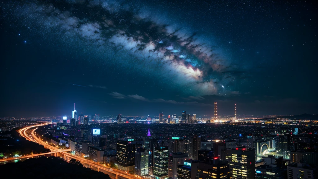 Wonderful landscape、Highest quality、Cityscape、Including sky、Starry Sky、night、Big Moon、Moonlit cityscape、building、There are no people, Makoto Shinkai's Worldview, 8K quality, Neon glows, Breathtakingly beautiful scenery,