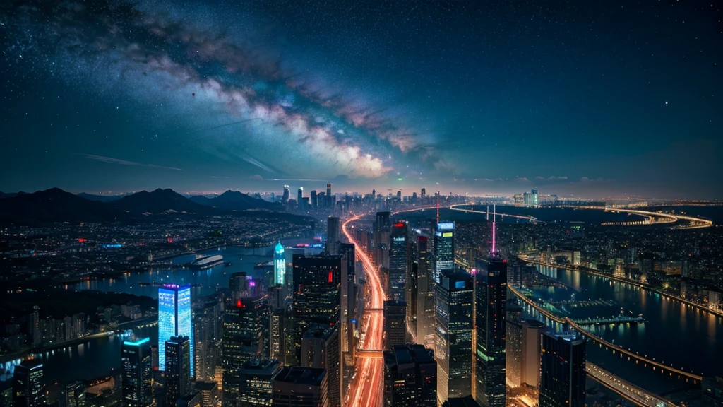 Wonderful landscape、Highest quality、Cityscape、Including sky、Starry Sky、night、Big Moon、Moonlit cityscape、building、There are no people, Makoto Shinkai's Worldview, 8K quality, Neon glows, Breathtakingly beautiful scenery,
