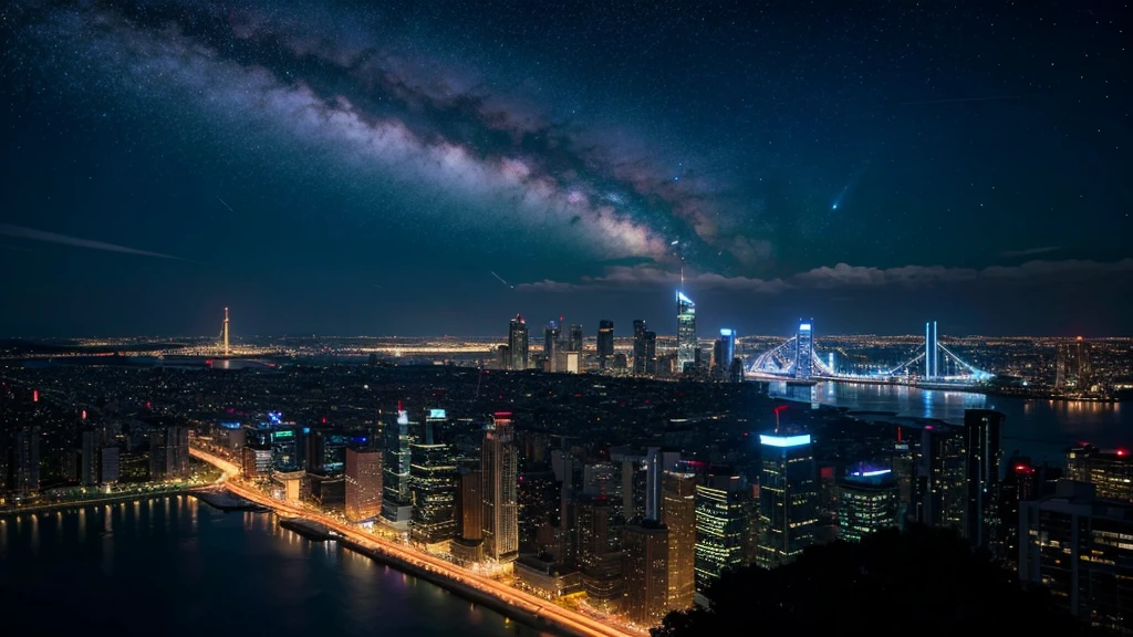 Wonderful landscape、Highest quality、Cityscape、Including sky、Starry Sky、night、Big Moon、Moonlit cityscape、building、There are no people, Makoto Shinkai's Worldview, 8K quality, Neon glows, Breathtakingly beautiful scenery,