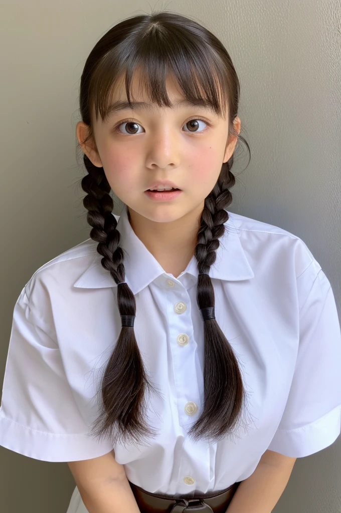 ((highest quality, masterpiece :1.3)), Photorealistic、Ultra-high resolution、Natural skin texture、Hyperrealism、Ultra close-up、 beautiful Japanese girl、Twin tail hair、well-shaped breasts、White collared shirt and tie、mini skirt、Frightened expression