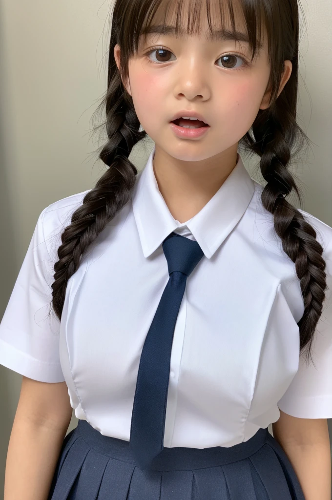 ((highest quality, masterpiece :1.3)), Photorealistic、Ultra-high resolution、Natural skin texture、Hyperrealism、Ultra close-up、12 year old beautiful Japanese girl、Twin tail hair、well-shaped breasts、White collared shirt and tie、mini skirt、Frightened expression