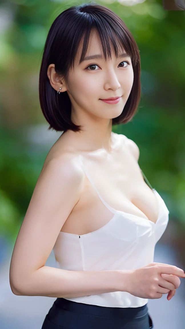 masutepiece, Best Quality, Photorealsitic, finely detail, hight resolution,beautiful japanese woman,beautiful detailed eyes, beautiful detailed lips, extremely detailed face, small head, small areola, cinematic lighting, photorealistic, 8k, high quality, hyper detailed, look at me,smile,(dress shirt),( pencil skirt:1.2),(short hair:1.2),(random outside location),(medium breasts:1.2),(portrait:1.3),slender,beautifull legs,(cleavage:1.3),(sexy posing),mini skirt, (bokeh:1.3) (black pantyhose:1.2),rihoyoshioka