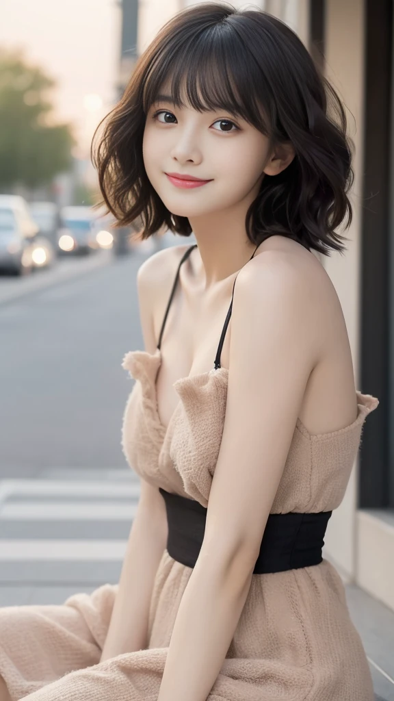 しゃがむ,見つめる,(Highest quality, Very detailed, masterpiece:1.2), 1 female, Very thin body, length, Thin legs, ((Black wavy short hair:1.2)), ((Thick and fluffy bangs)), Very detailedな顔,A faint smile, small, Thin Nose, small thin mouth, Extremely sharply focused eyes, Japanese, Beautiful Face, Realistic eyes, Beautiful and beautiful eyes, Realistic Skin, Beautiful Skin, charm, (Lively Faces),(flowing summer dress camisole evening)