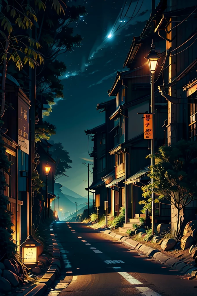 Straight road through hilly area, There is a street lamp on the side. night間に ,Chillout、night