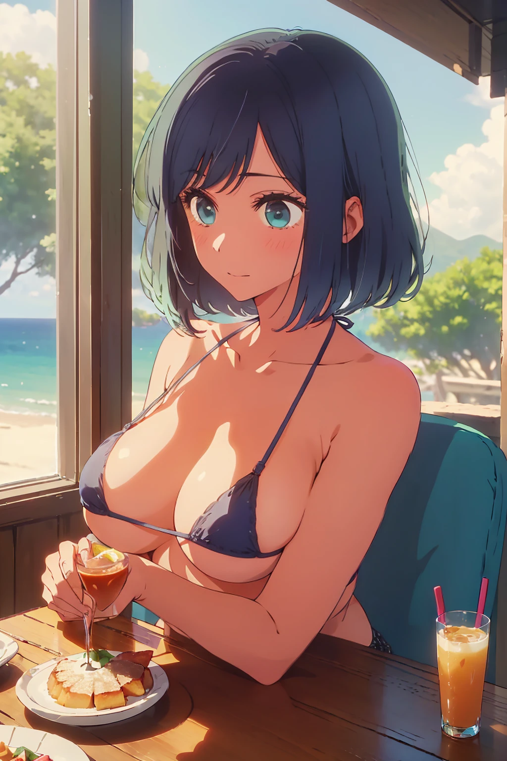 (Highest quality:1.4、masterpiece:1.4、Super detailed:1.4、8k:1.4)、((((1 person、Surprised expression、sit、Cafe Terrace、coastal、juice、table、Sandy Beach、juiceのグラスを持つ、Micro Bikini、Very soft 、Big eyes、Very cute face))))、(Sunset:1.4、big Areolas protrude from micro bikini:1.4)、F cup bust、Medium breast、Underboob