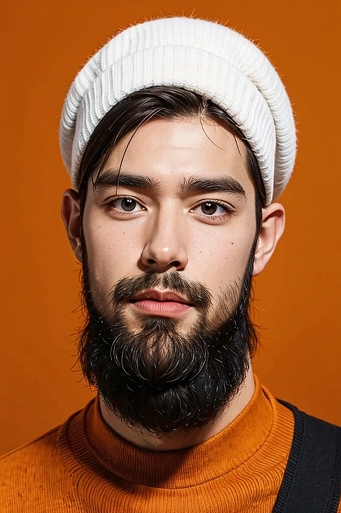 handsome male,beard,upper body portrait,orange sweater,white background,