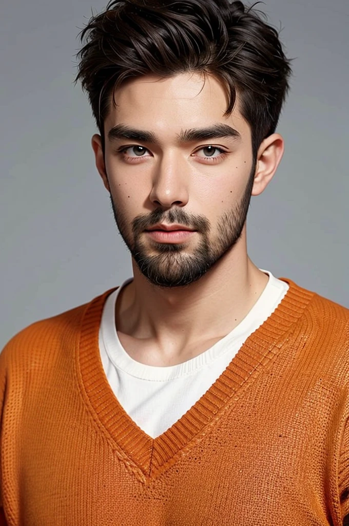 handsome male,beard,upper body portrait,orange sweater,white background,