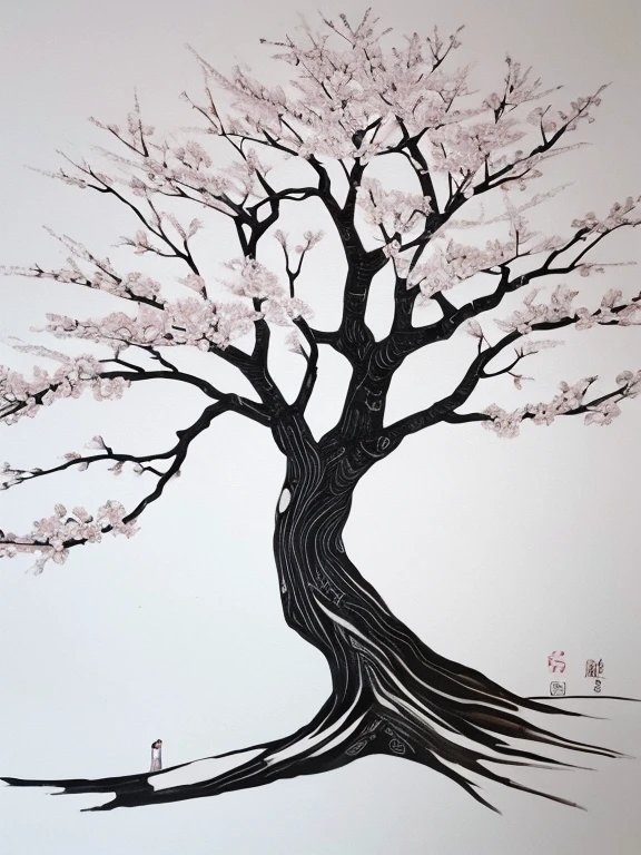 Penmanship,one cerry blossom big tree,monochrome,old painting,white background,far away,tribal,shadow