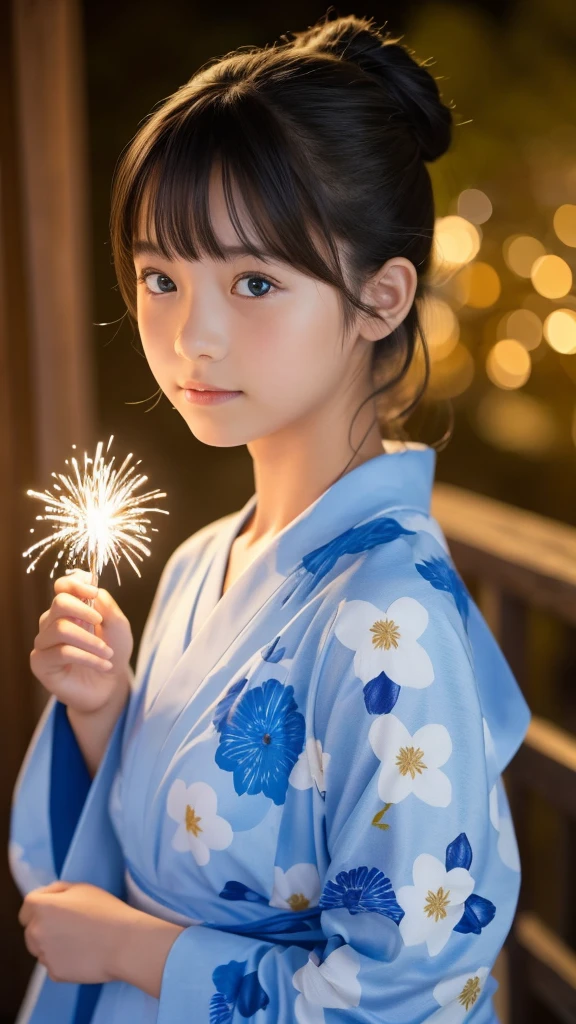  girl　Japanese　Light blue yukata　Realistic Skin Ponytail　night　Fireworks