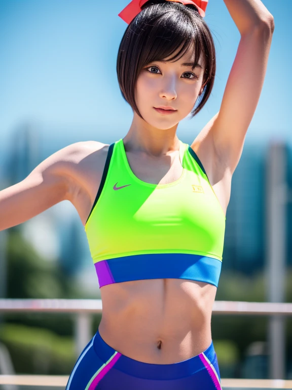 Best quality 8k resolution Ultra detailed Bright neon colored competition sportswear Serious facial expression Cute girl Abs Arms up Very short hair High waisted tights Flat chest Japanese Sharp focus Track and field club Very short hair 27 years old Sweating