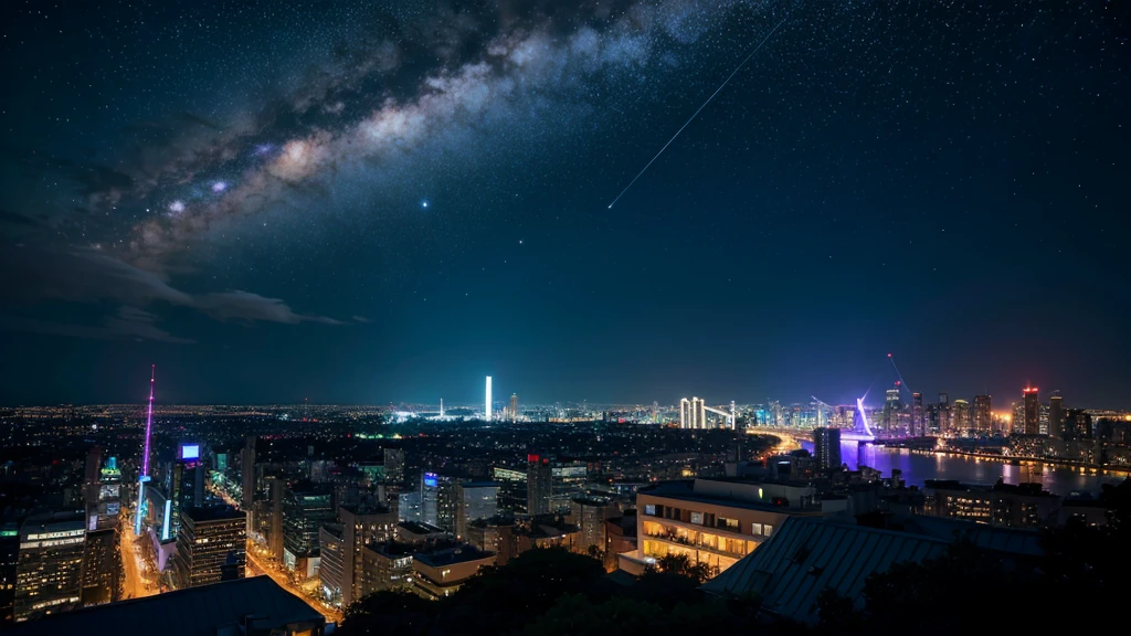 Wonderful landscape、Highest quality、Cityscape、Including sky、Starry Sky、night、Big Moon、Moonlit cityscape、building、There are no people, Makoto Shinkai's art style, 8