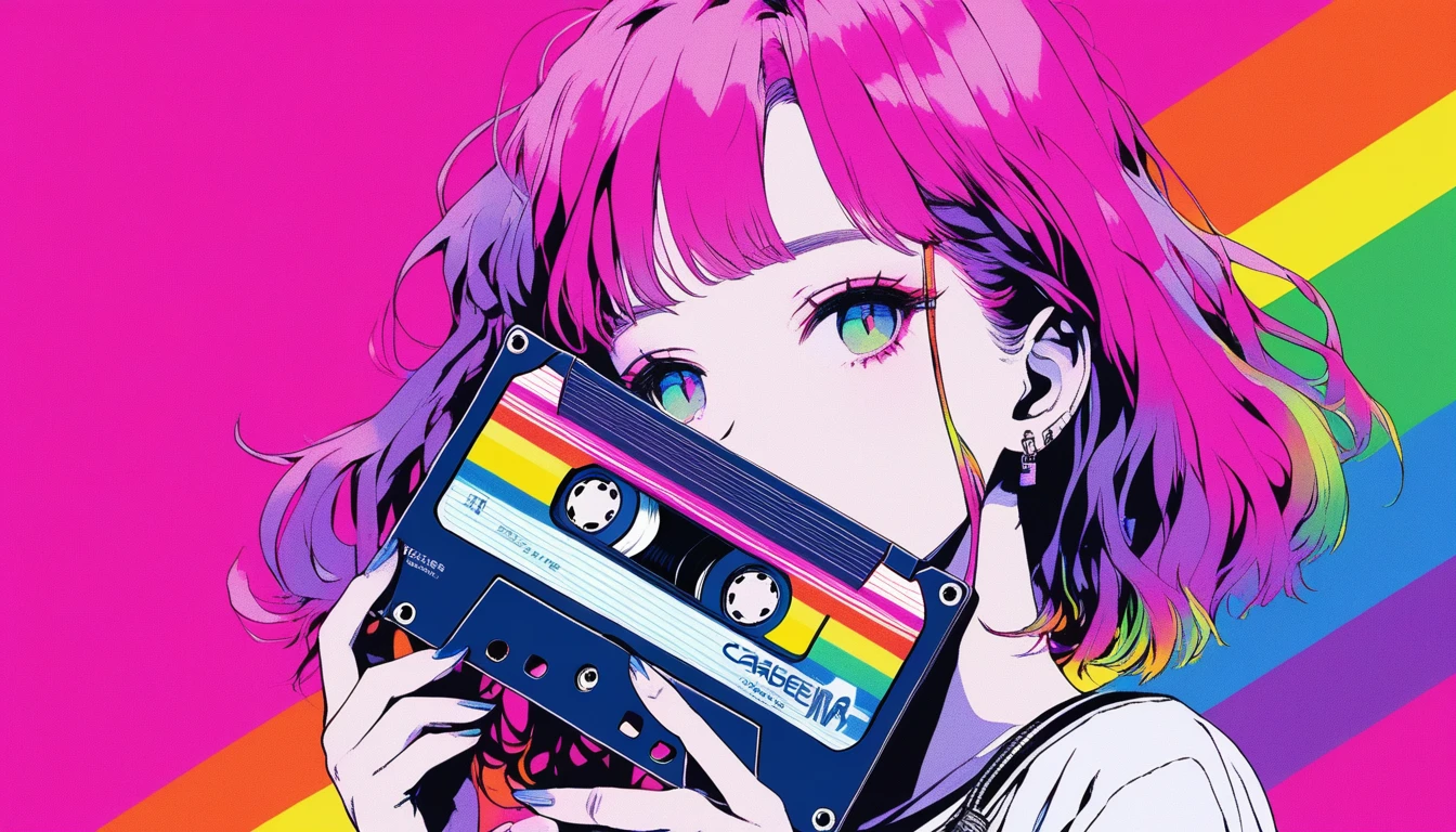 Illustrator, anime , Realistic ,sketch , 1 Girl, ,lip, tshirt,order, rainbow background, summer、Neon Hair,Textured Trim, Canadian, (masterpiece,Highest quality) Cancer、The cassette tape placed at the front、Realisticなカセットテープの大きさ、Cassette tape facing forward