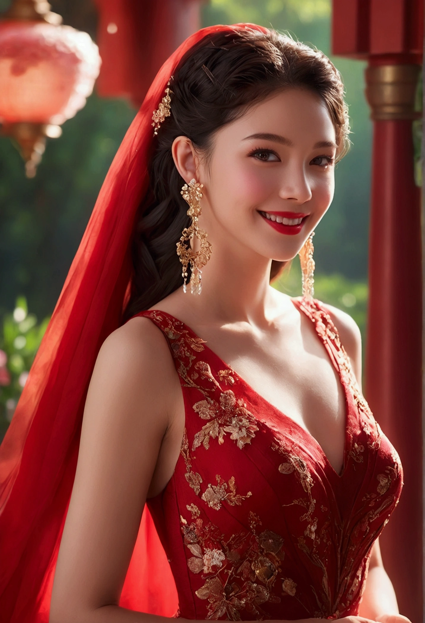 Solitary, woman,whole body,earrings, eyelash,Bright red clothes,, (,(Gorgeous Pavilion),,(Bright red gown), Floral,Red lips),Sexy and charming smile,, (Glowing skin:1.05),(blush:0.9),(Skin Indentation:1.15),Practical, masterpiece, best quality, high resolution,, (Perfect face:1.1), (Clear focus:1.1),, Popular on artstation, Popular on CGsociety, complex, High Detail, Clear focus, dramatic,