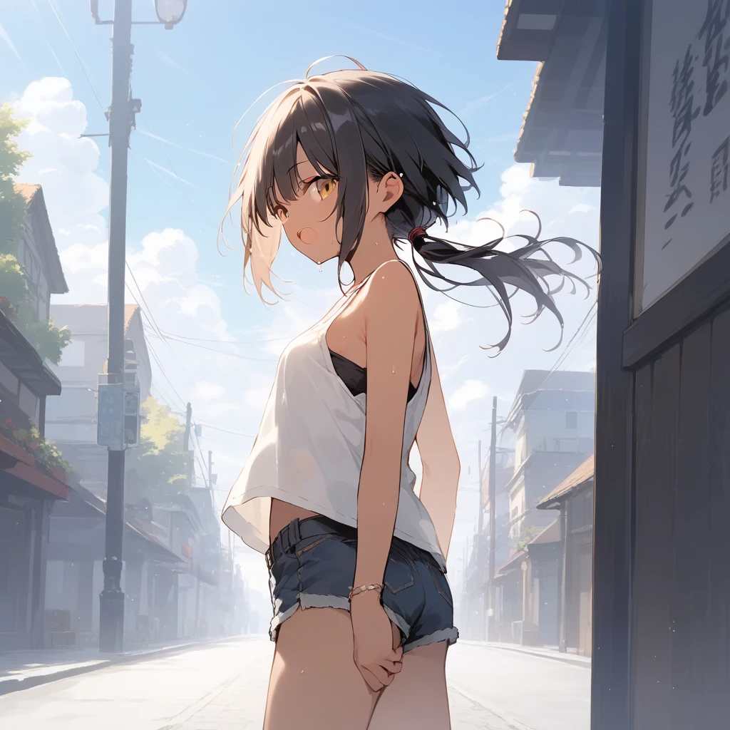 score_9, score_8_up, score_7_up, source_anime, best quality, masterpiece, official art, absurdres, highres, ultra-detailed,waifu2x,Collection: Slice of Life,break,1girl, tomboy, dark-skinned female, short hair, low ponytail, small breasts, beautiful detailed eyes, short shorts, sweat, open mouth, (yawn:0.3), sleepily, outdoors, wind,break,(clear line illustration:1.2), super detailed skin,very high resolution, very aesthetic, Best sexual lighting powered by famous artist, 8k,cute picture,beauty illustration,photoshop_(medium),,(Detailed Lighting),best anime 8k konachan wallpaper, pixiv contest winner, 