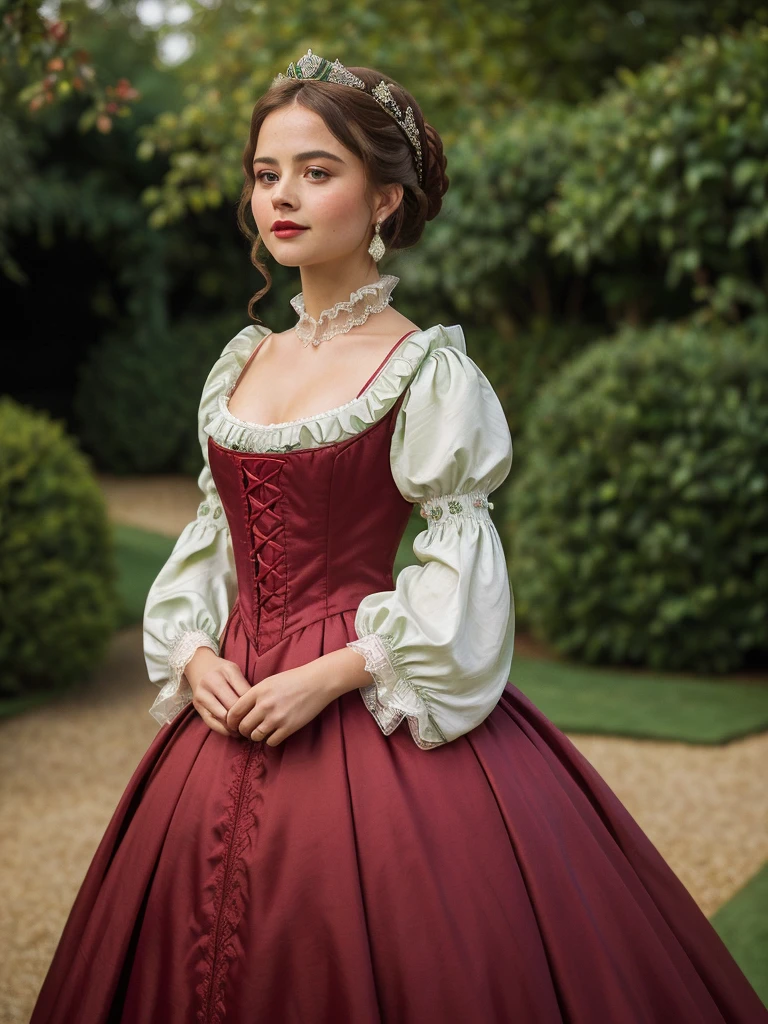 (best quality, 10k high res, masterpiece:1.2), ultra-detailed, (photo-realistic:1.37), ((best quality)), ((masterpiece)), (detailed), ((Jenna Coleman as a refined little lady from the Elizabethan era standing in a lavish stately garden in brilliant sunshine)), ((enigmatic smile)), perfect eyes, ((beautiful high gloss shiny oiled skin)), ((Spectacular emerald green satin and white lace Elizabethan long sleeved gown wäith ruffles and puff)), ((Elizabethan era hair and make-up)), ((blushed red cheeks)), ((light red lips)), ((full-length body)), side view, Elizabethan era hairstyle and make-up,