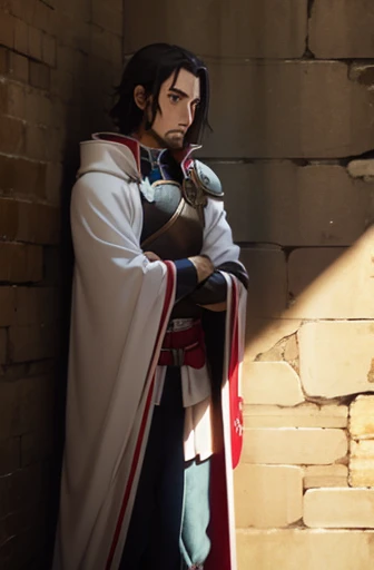 swordsmanship, cape on left shoulder, near a wall