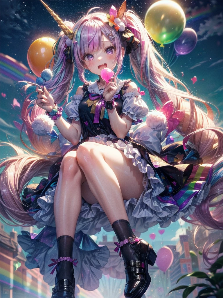 (whole body, legs and shoes visible: 1.2)) Expressive eyes, One girl, Pale skin, Long Hair, Windblown Hair, ((absurdly Long Hair)), Long Side Lock, Princess bangs, Hair bangs, Hair Bun, ((Very long twin tails)), Rainbow Hair, Light pink hair, blush, full face blush, big sparkling Pastel Purple eyes, (Gradient Eye), Laughing with your mouth open, cute pose, ((Holding a balloon : 1.3)) ((cute and pastel fashion)) ((🦄🎠🎈🎉 theme : 1.4)) A loose pastel dress, ((Dreamy multi-colored open dress)), (Floating ribbon), Lavender Frill, Pink frills, (Light blue lace), Removable short sleeves, Fluffy skirt, ((Rainbow and star printed skirt : 1.3)), Lolita Skirt, Purple ribbon, ((pom pom ribbon hair ornament : 1.4)), Multiple Bows, Striped lace stockings, (heart型のレッグガーター), cute (Pastel Purple) shoes ((Ultra-detailed clothing and fashion)) I'm watching you, Vintage Girl, blush, (Beautiful attention to detail), (Highly detailed CG Unity 8k wallpaper) (Best Shadow), ((Very delicate and beautiful)), (Detailed light), ((Depth of written boundary)) Big Head, Big, bright eyes, Moe, Splash Art, Cinema Lighting, Front view, volumetric lighting maximalist photo illustration k resolution high resolution intricate detailed complex key visuals precise linear ((Dreamy pastel sky background, Surrounded by sunset clouds, shooting star, Castle above the clouds)) ((Ultra-detailed landscapes, Foggy clouds, Hung by balloons, heart : 1.3))