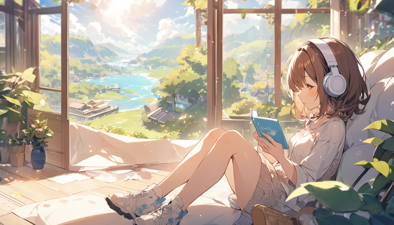 Girl wearing headphones,Brown Hair,1 person,bright,Detailed Background,Dreaming Afternoon - Relaxing in the Afternoon