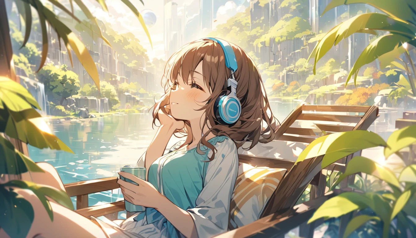 Girl wearing headphones,Brown Hair,1 person,bright,Detailed Background,Dreaming Afternoon - Relaxing in the Afternoon