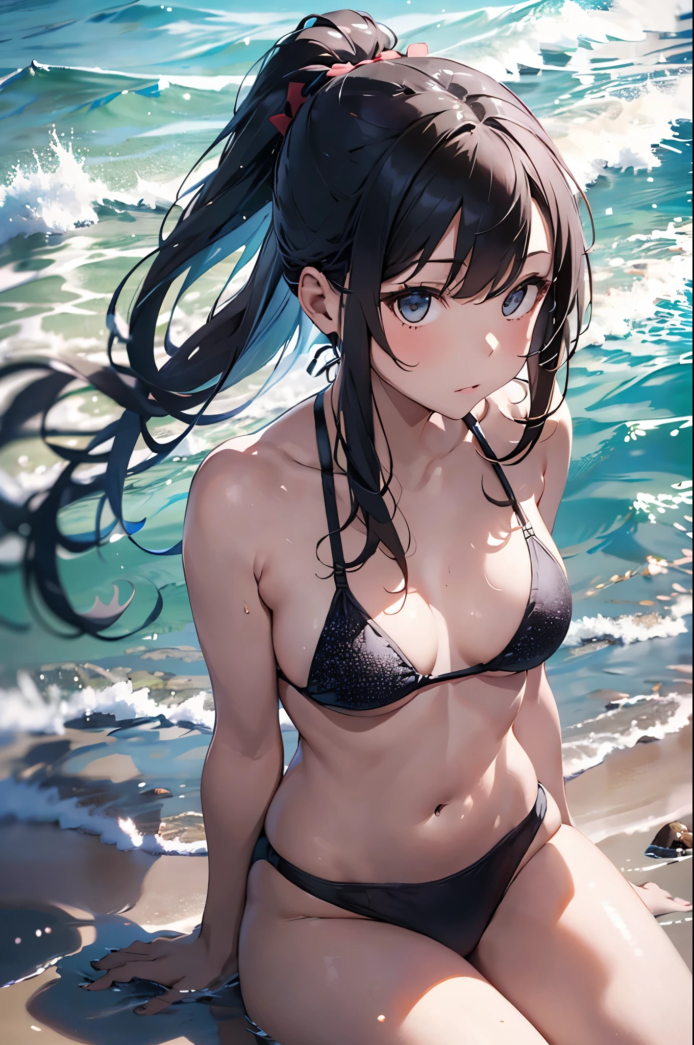 High resolution,topless、
One beautiful young woman,Silver Hair、ponytail、
(Soft Saturation:1.3), (Fair skin:1.2),
(ultra-Detailed Background, Detailed Background), Bokeh,
break&#39;Portrait of a smiling girl.,
When viewed from the front, The composition is symmetrical,
Looking straight at you with serious eyes,
break Swimwear, topless、, Center of chest, 
Outdoor, Sea surface, null, sunlight,Summer beach, Sandy Beach,
Strong light, Front lighting, 
(:1.3), (Cowboy Shot:1.2),
Front brake angle,
View your viewers,
Dynamic pose,
sitting on the beach

Seaweed、Seaweed、Seaweed、Seaweed、Seaweed、Seaweed、Seaweed、