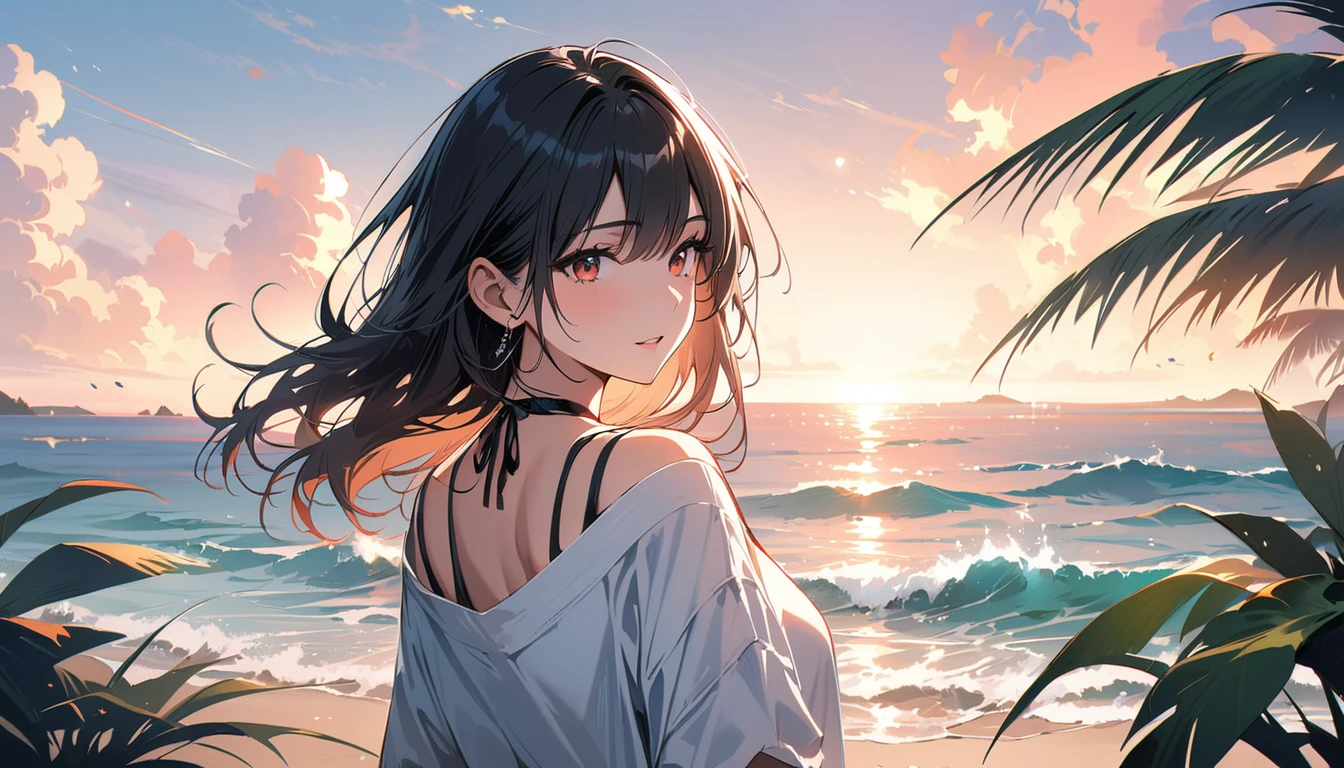 (masterpiece, Highest quality:1.2), 1 Girl, alone,Eyes open,Tropical atmosphere,Ocean,Gentle