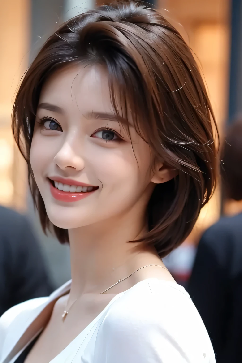 ((masterpiece)), ((Highest quality)), ((Complex)), ((Surreal)), (Realistic), (Mature Woman), ((No classes)), Very detailed, (1 female), Beautiful and exquisite, (Beautiful Teeth), Grin, Brunette Bob Hair, Brown eyes, ((blouse)), (Upper Body), (background:none), Perfect Eyes, Captivating eyes, Looking at the audience