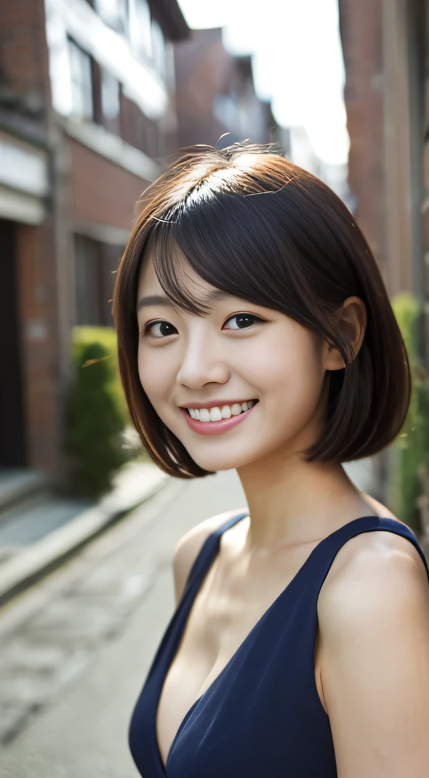 masterpiece,best quality,(Japanese ),((Beautiful girl)),cleavage,(perfect body beauty:1.2),(shy smile),beautiful teeth,(Blurred background of brick buildings),