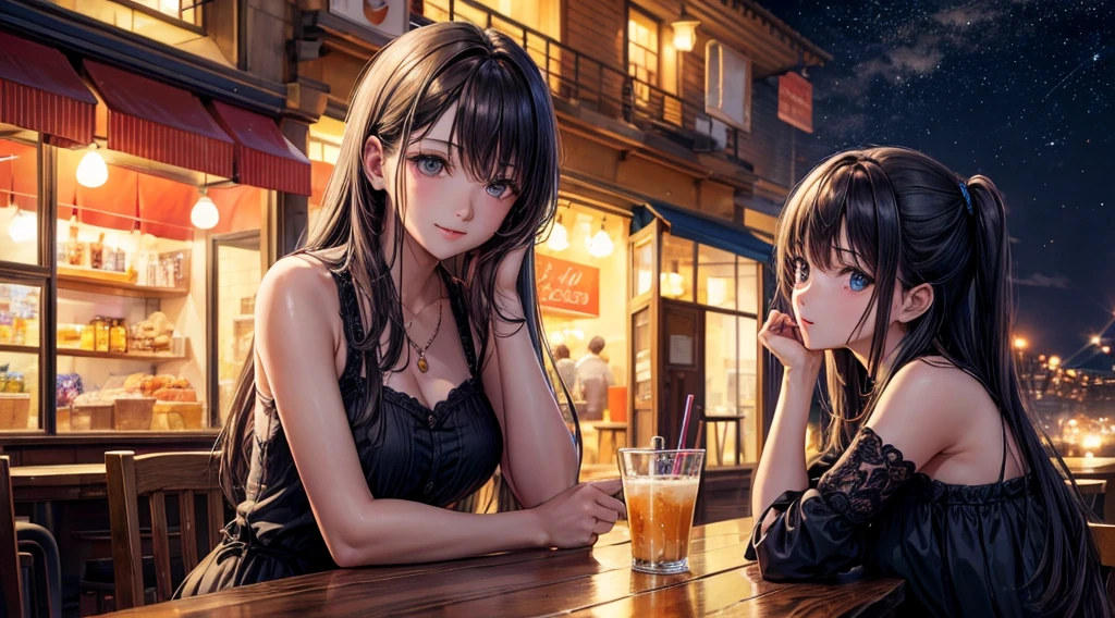 (Original photo, Highest quality), Lisa, night,Cafe, relax, Satosh Khan'Art Style